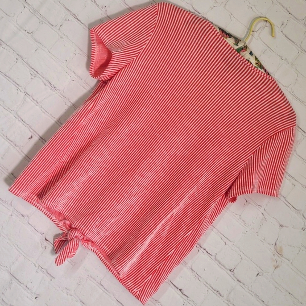 W5 Red & White Stripe Wood Button Front Tie Rockabilly Tee Tshirt Womens Size M - Picture 12 of 16